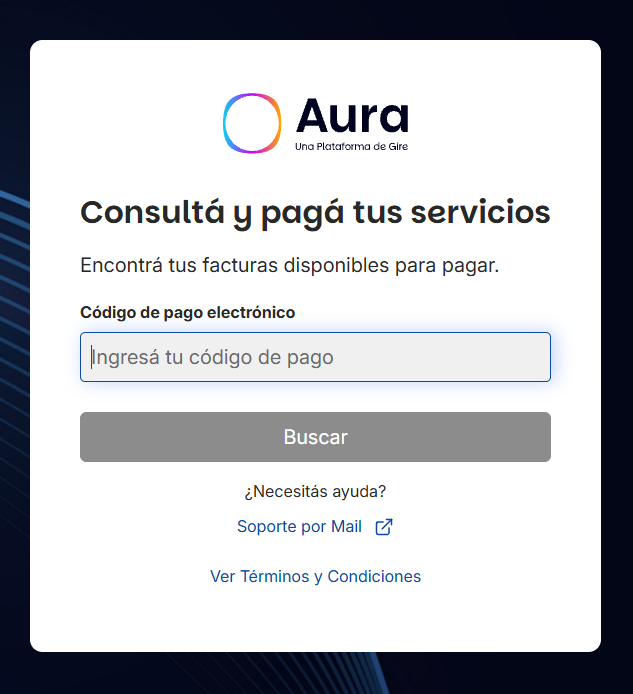 Pantalla de AURA para ingresar el código de pago