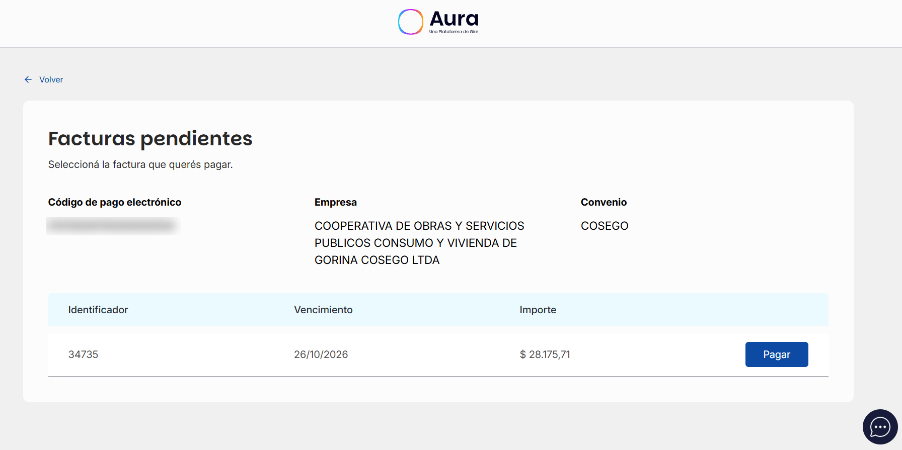 Listado de facturas pendientes en AURA