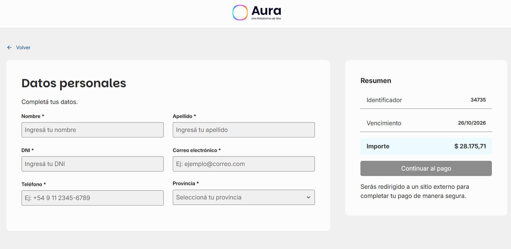 Formulario de datos personales en AURA